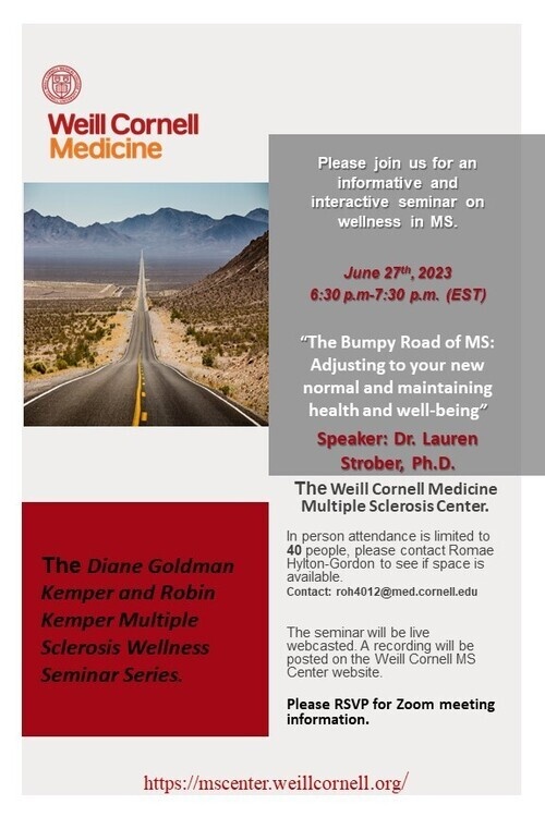 MS Wellness Seminar Series event flyer with photo of open road leading to mountains