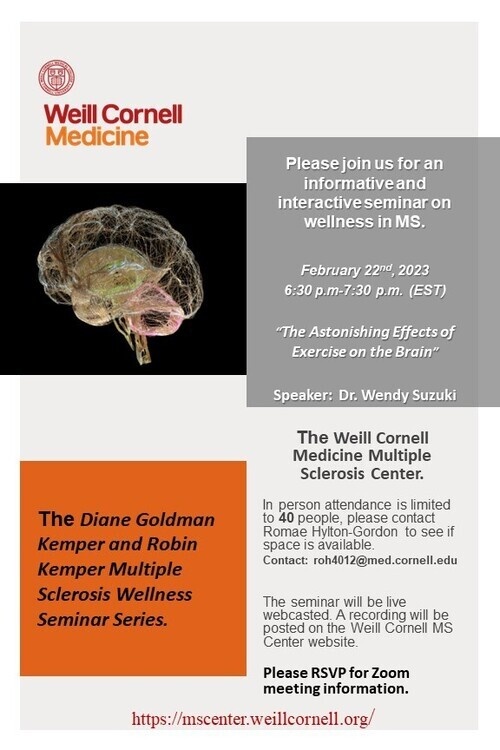 Event flyer with brain illustration. Text reads: please join us for an informative and interactive seminar on wellness in MS.